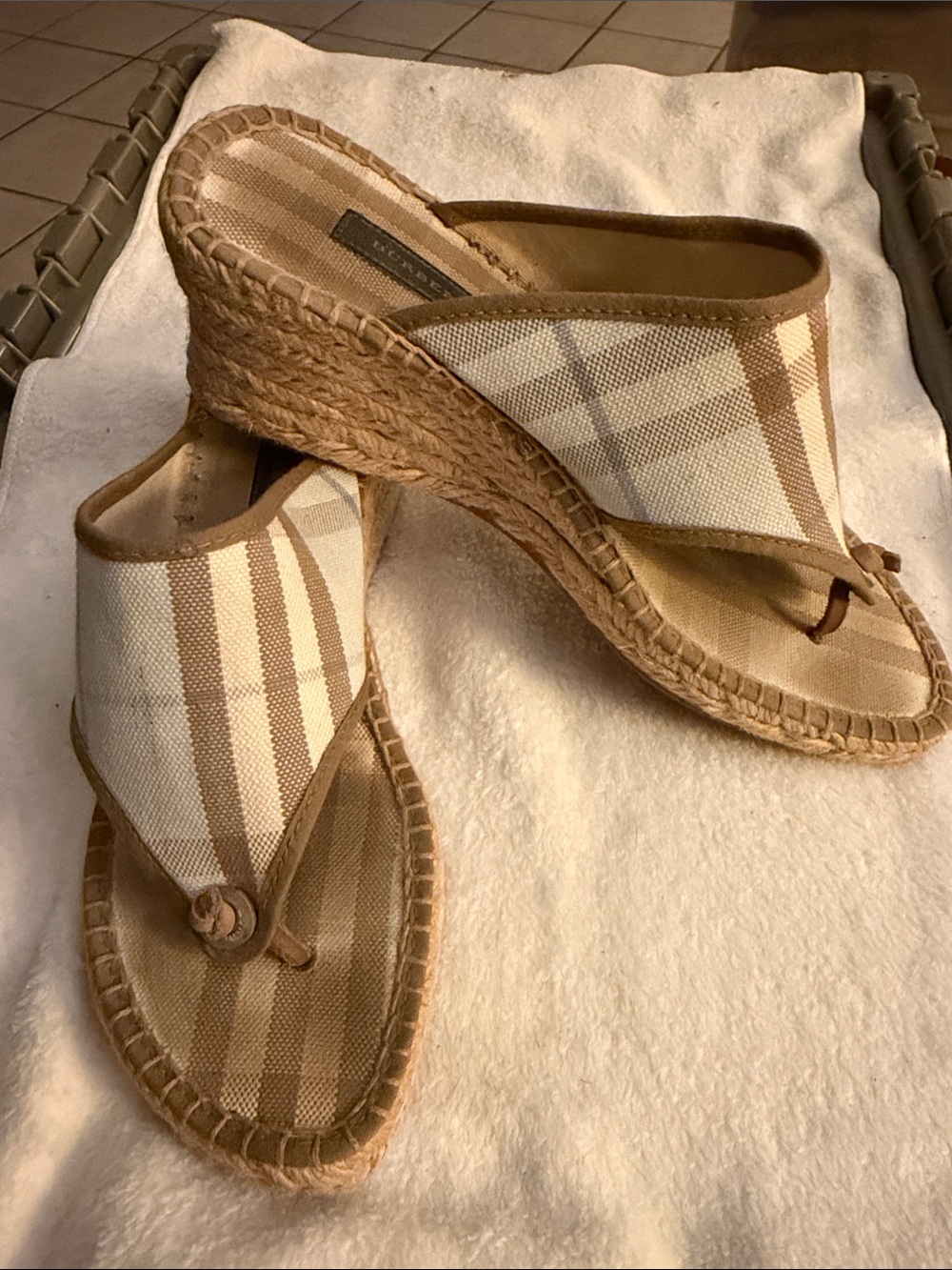 Burberry Tan and Cream Striped Wedge Espadrille Sandals